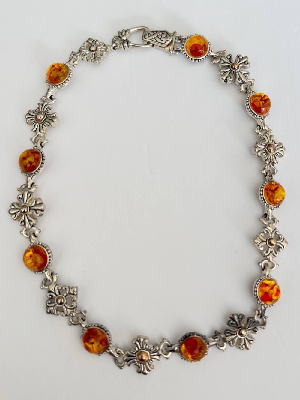 Reformation vintage y2k Silver tone Floral checker necklace Amber tone Stones